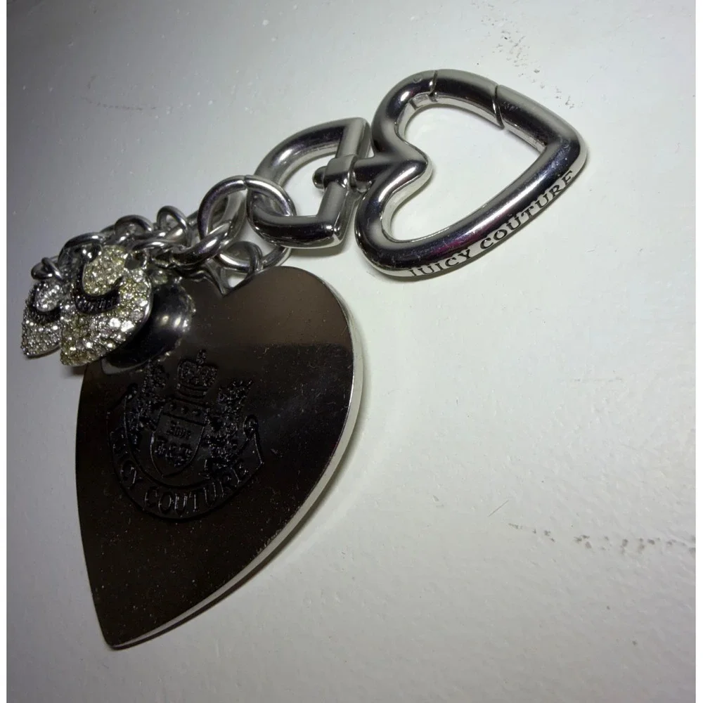 Vintage Y2K Rare Juicy Couture Keychain Bag Charm Heart Rhinestone Logo Silver